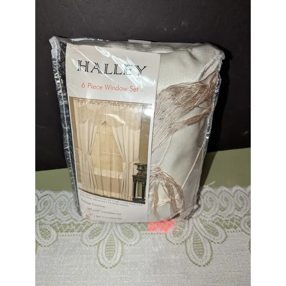 Halley Complete 6 Piece Satin Fringe Window Curtain Set 56 x 84  Ivory NEW